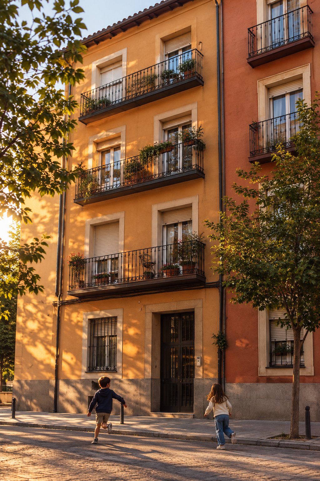 Edificio de vecinos de estilo madrileño, con niños jugando en la acera al atardecer